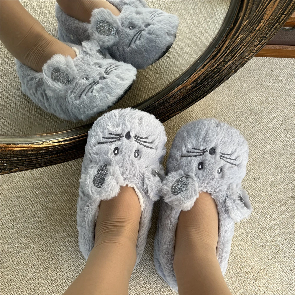 felt house slippers	 Home Fuzzy Slipper Women Winter Fur Contton Warm Plush Non Slip Grip Indoor Fluffy Lazy Female Mouse Ears Embroidery Floor Shoe lightweight house slippers