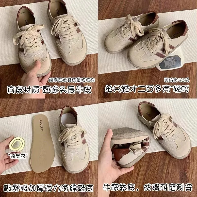 Genuine Leather women's shoes soft sole comfortable casual single shoes cowhide lace up