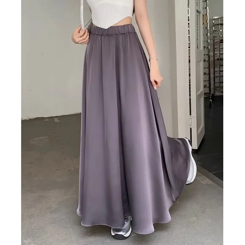 

Female Acetic Acid Satin Skirt Women's Ladies Summer Mid Length Light Mature Slim A-Line Skirt Female Pleated Bottoms Skirt Q113