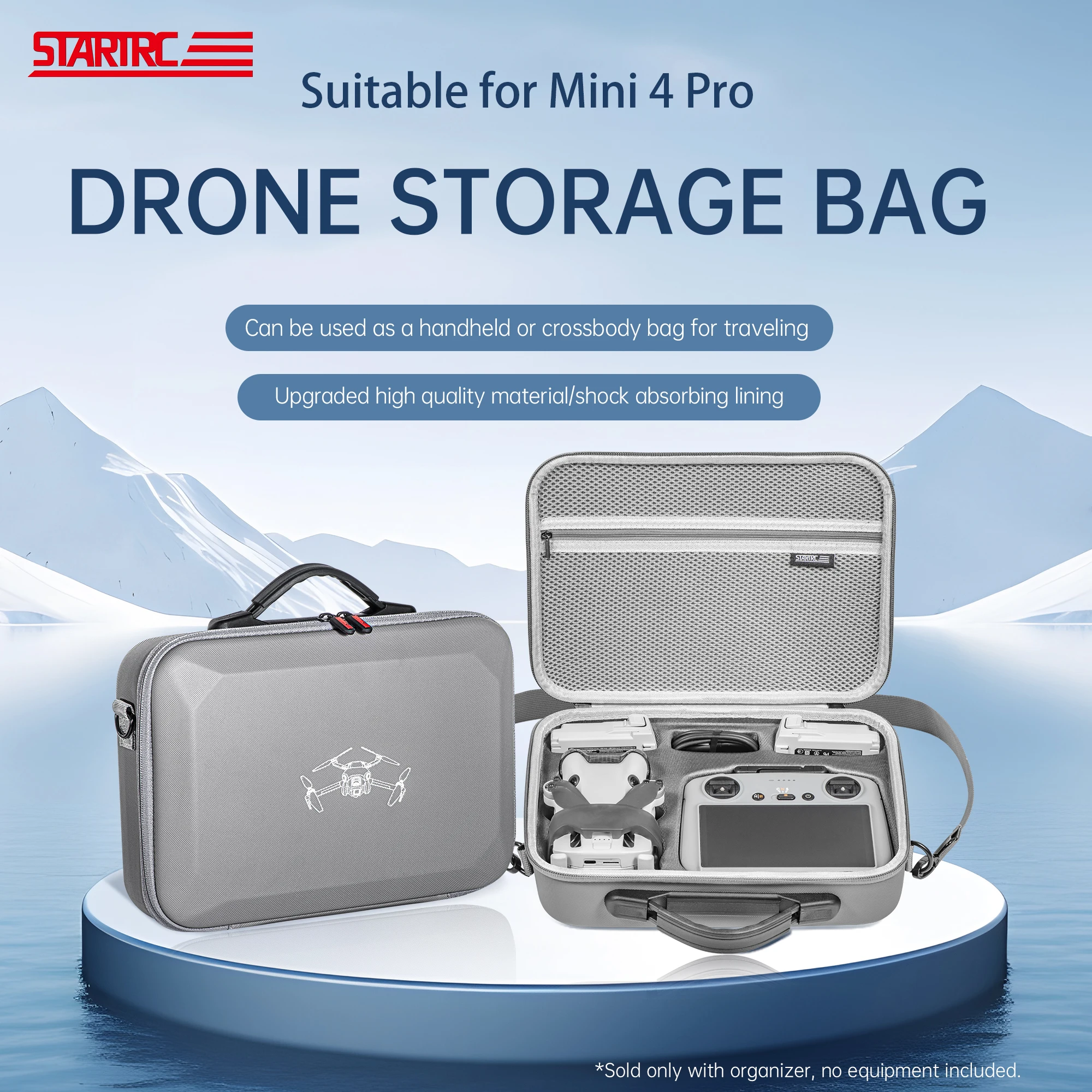 Drone DJI Mini 3 Pro gris clair posé sur fond blanc, vue de face, hélices repliées