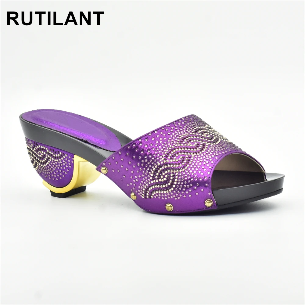 

New African Slippers Summer High Heels High Quality African Low Heels Pumps African Women Wedding Shoes Purple Color Women Shoes