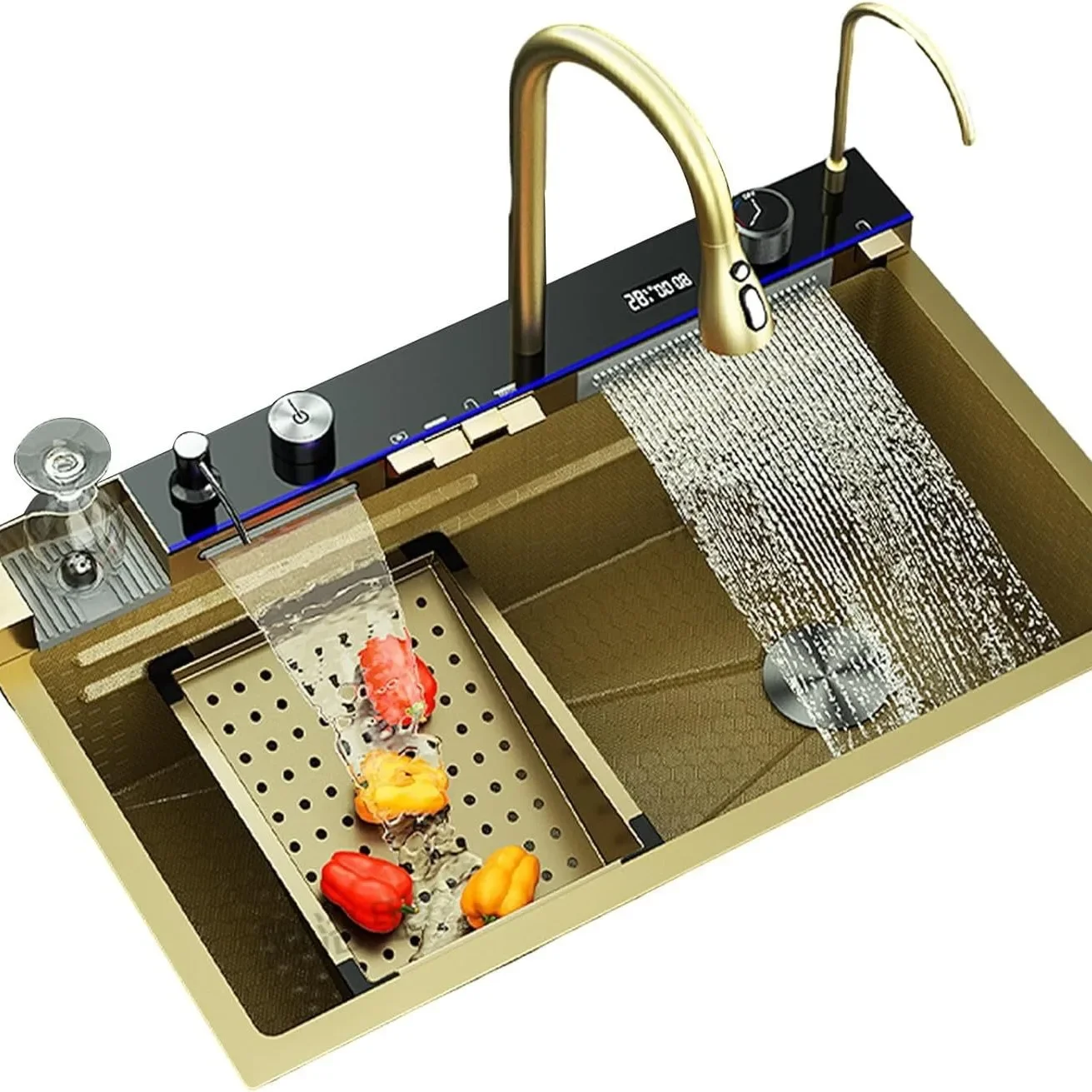Gold Kitchen Sink Stainless Steel Sink Digital Vegetable Washing Basin, Atmosphere Light, Kitchen Large Single 75cmX46cm