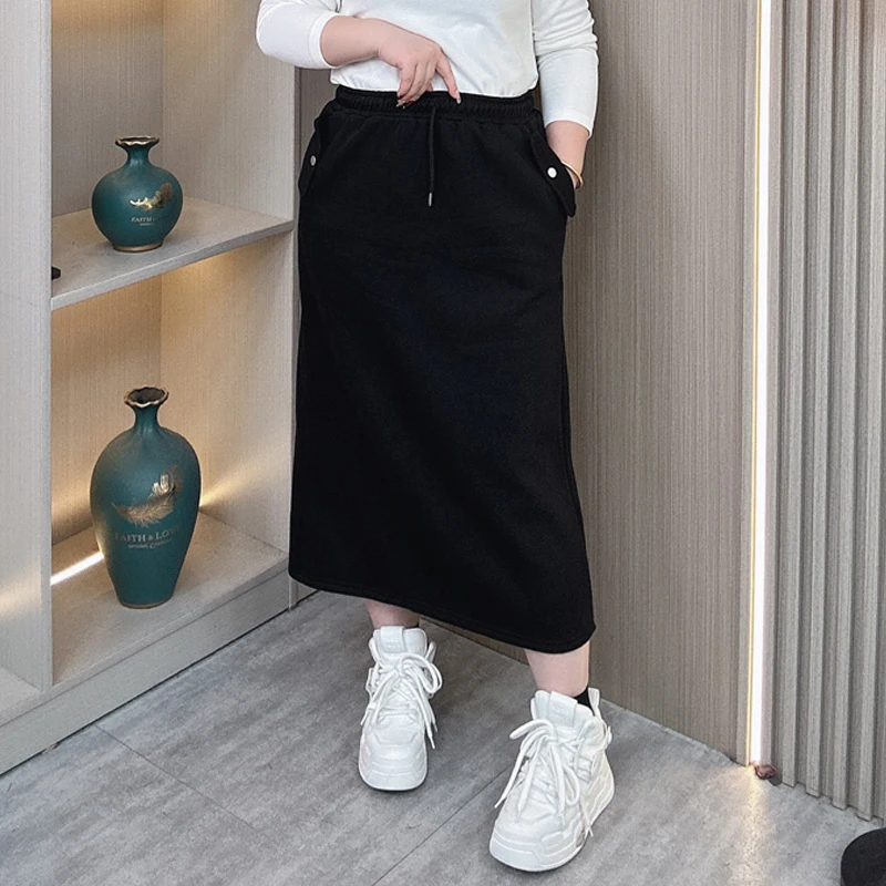 Plus Size Women Fleece-lined Skirt Autumn Winter Loose Preppy Style Drawstring High Waist mid-long Thick Slit Skirt 842