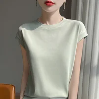 100% Mercerized Cotton O-neck T-shirt Summer Solid Color Sleeve Top Casual And Comfortable Short-sleeved Women's Clothes - Image 2