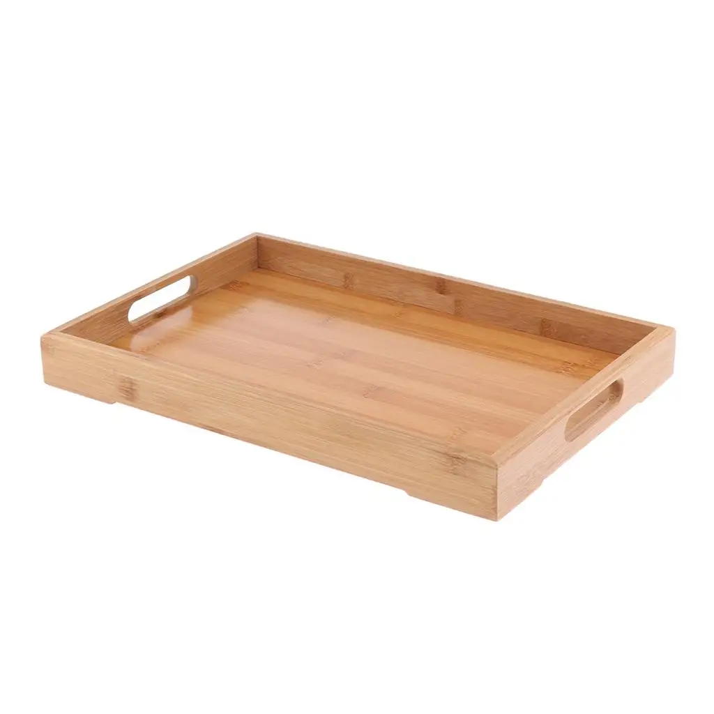 Natural Bamboo Wooden Serving Tray Food Tea Fruit Dinner Tray with Handles for Holding Utensils Teapot Teacups