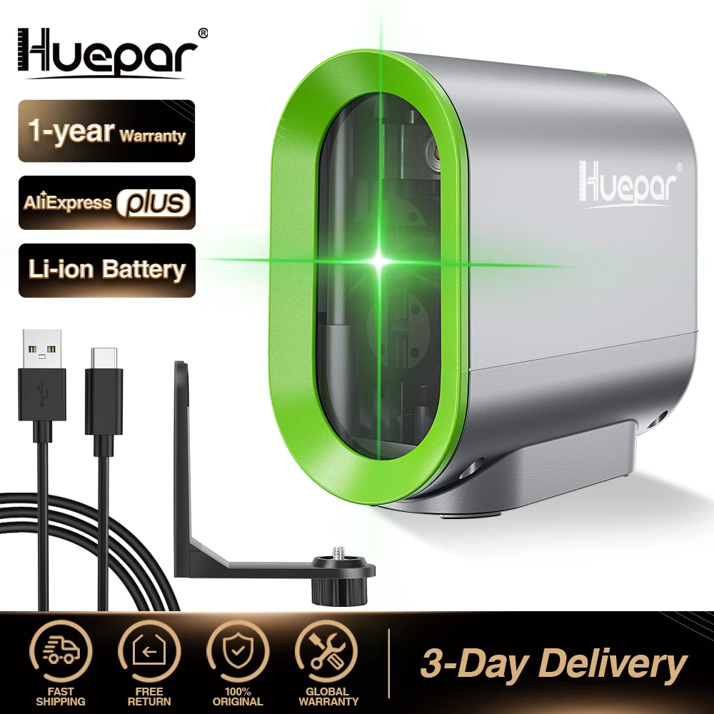 Huepar-Nivel láser autonivelante de 2 líneas, batería de iones de litio recargable, haz verde, línea cruzada con modo de pulso y trípode, herramienta láser