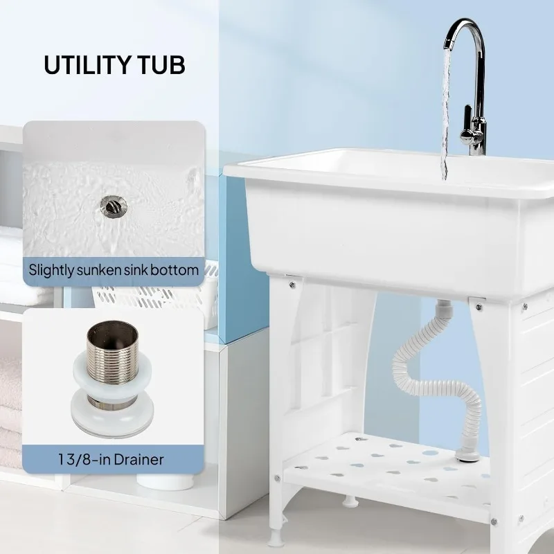 Spacious White Utility Sink Laundry Tub for Laundry Room, Garage Washing Station, Slop Sink, Freestanding Sink White 5