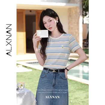 ALXNAN Blue Striped T-shirt Cotton Elegant Loose-fit Casual T-shirts 2026 Summer Office Lady Short Sleeve Tops Female L557121