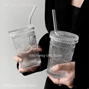 Ins Vertical Stripes Glass Cups with Lids and Straws Clear Glass Water  Bottle Straw Cup Drinking Glasses Tumbler Travel Bottle - AliExpress