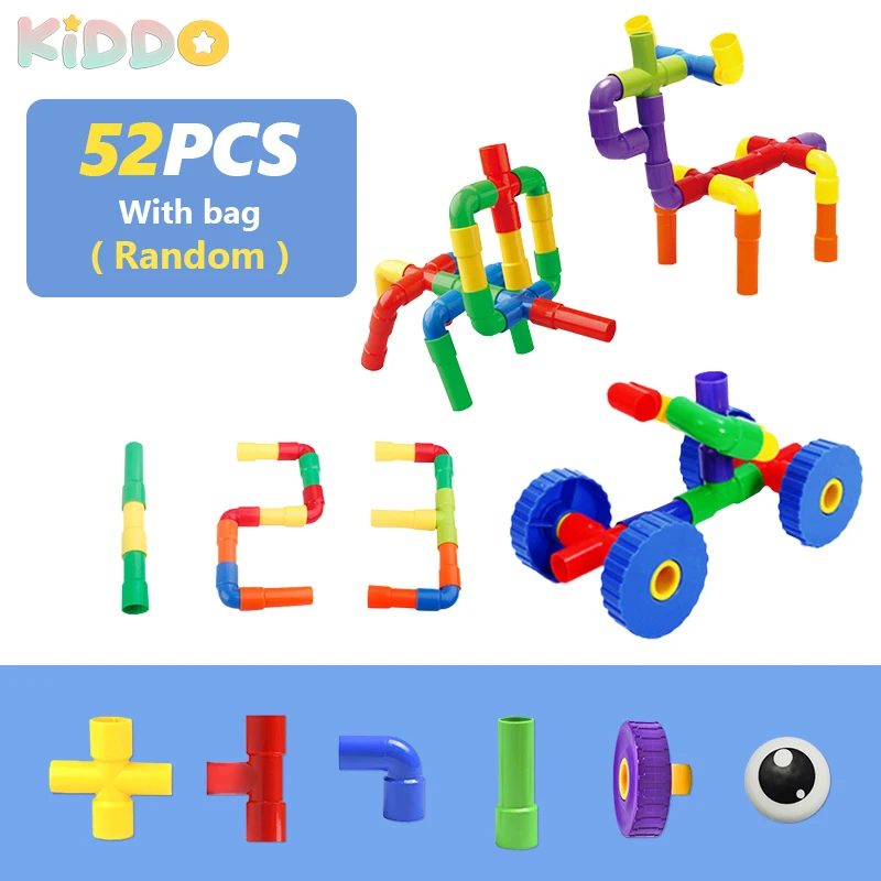 52PCS DIY Pipe Building Blocks Toys For Children DIY Assembling Pipeline Tunnel Block Model Montessori Toys Kids Gift