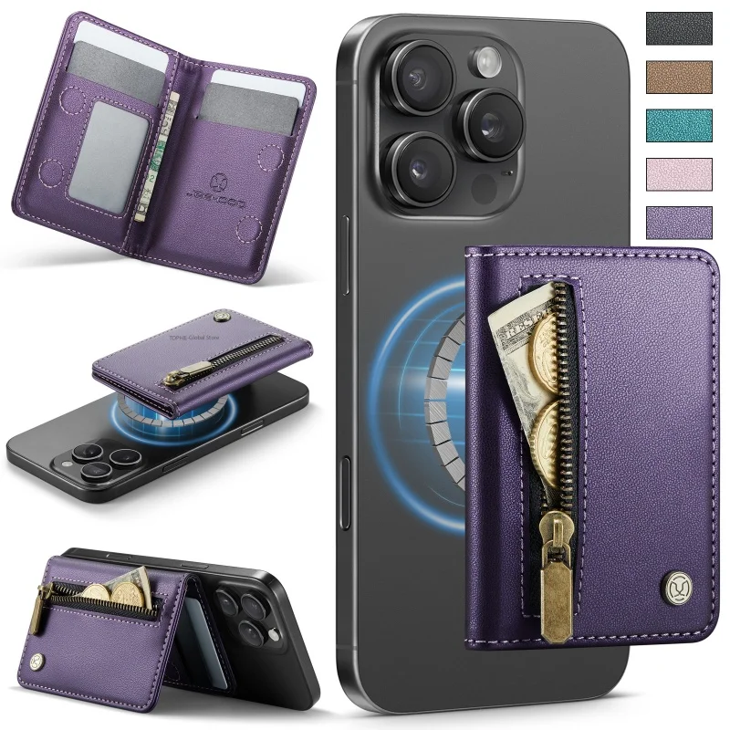 Luxury MagSafe Magnetic Leather Zipper Wallet Card Phone Case with Flip Holder Cover