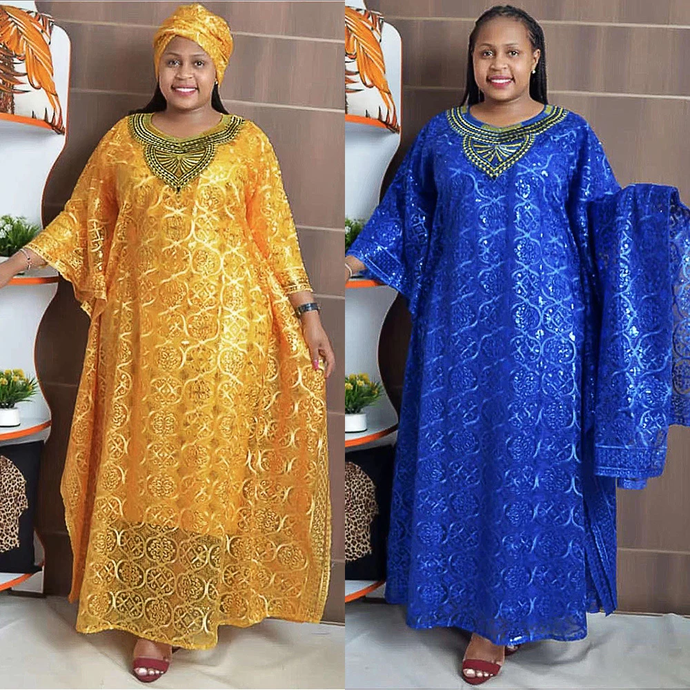 

2023 3 Piece Set Luxury African Mesh Dress with Headtie for Women Elegant Lady Wedding Evening Party Dresses Africa Lace Clothes