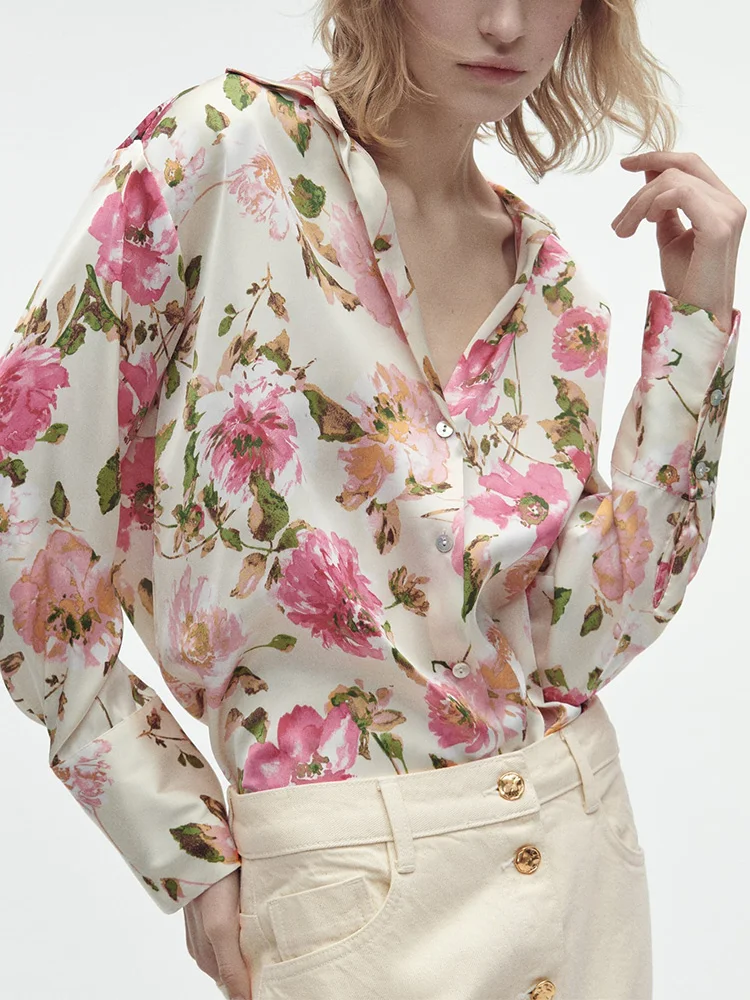 

Весенне-осенняя одежда для женщин, рубашки 2023, винтажная рубашка с длинным рукавом и цветочным принтом, v-образный вырез, свободная атласная рубашка на пуговицах