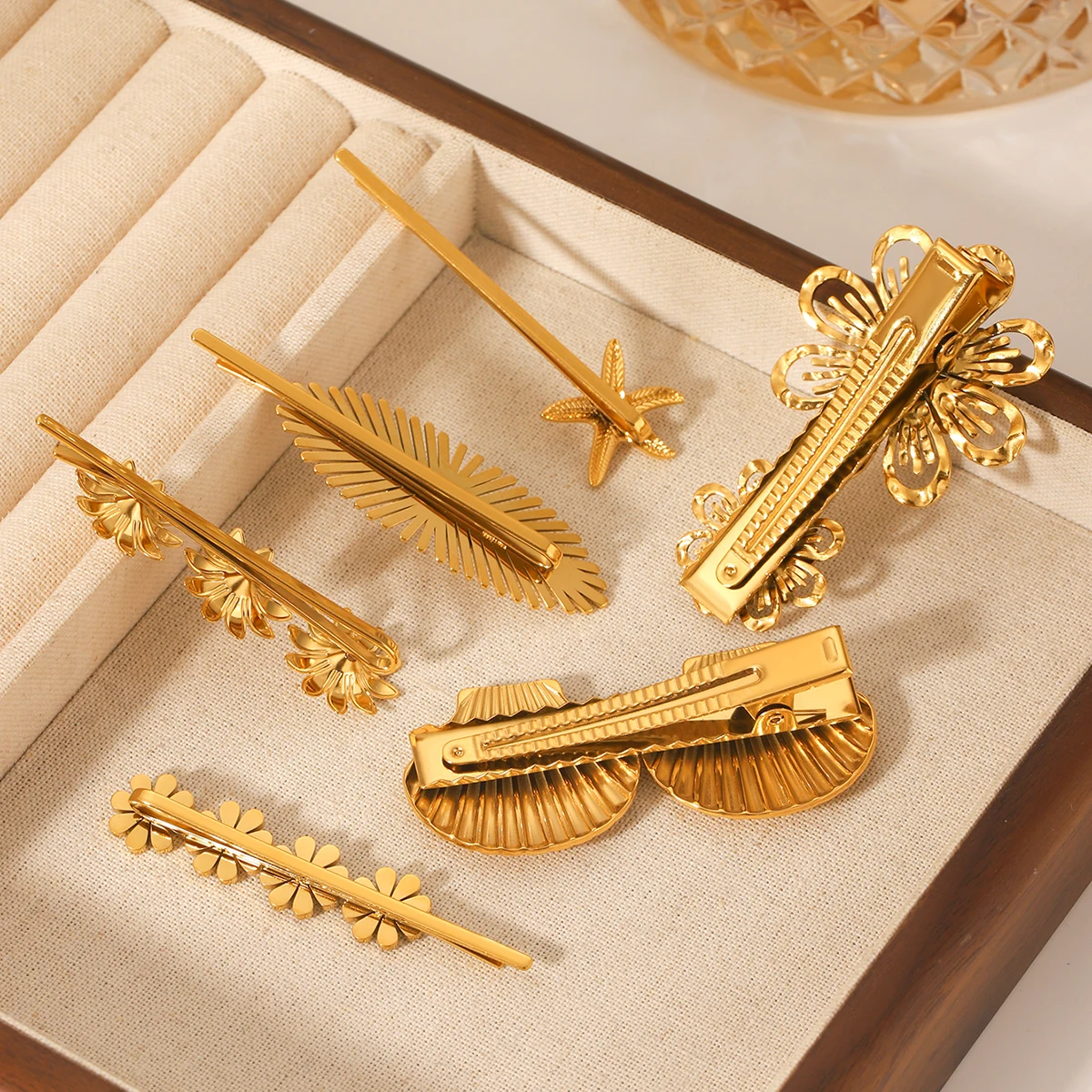 Forcina per capelli a forma di stella marina in acciaio inossidabile con perla, per donna, placcata in oro, accessori per capelli alla moda_voghion.com