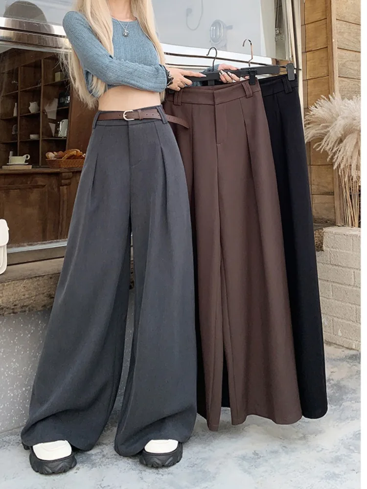 Grey Woolen Suit Pants For Women In Autumn And Winter High-end Drape Thickened Wide Leg Pants High Waist Loose Pants