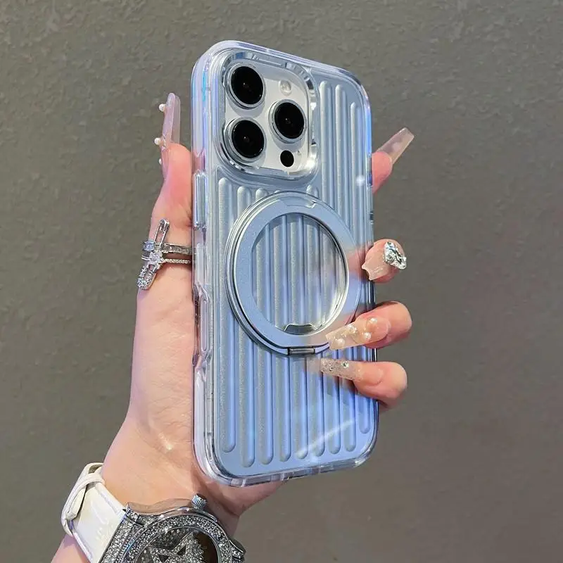 Luggage Corrugated Magnetic Charging Case For IPhone 17 14 15 16 Pro Max Luxury 360 Metal Finger Ring Bracelet Kickstand Cover_voghion.com