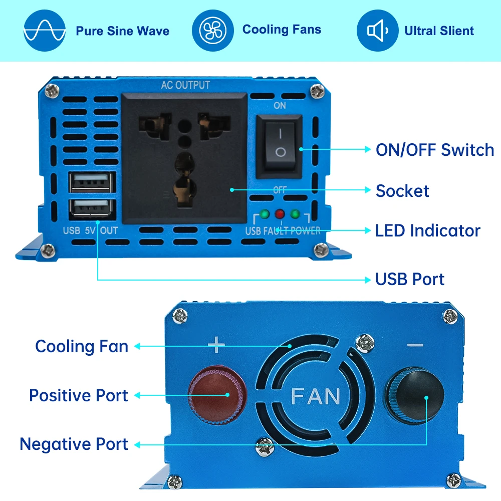 Car Converter 12V/24V To 220V Pure Sine Wave 1000W/1500W/2200W Solar Energy Battery Voltage Transformer 50Hz