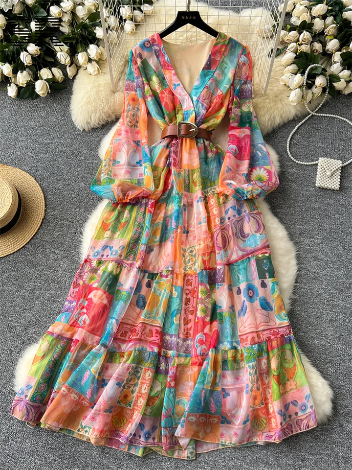 SINGREINY Floral Print Chiffon Dress Belt Design Women V
