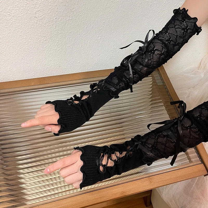 Y2K Lolita Gloves Sexy Black White Lace-up Gloves JK Fingerless Cosplay For Women Girls Streetwear