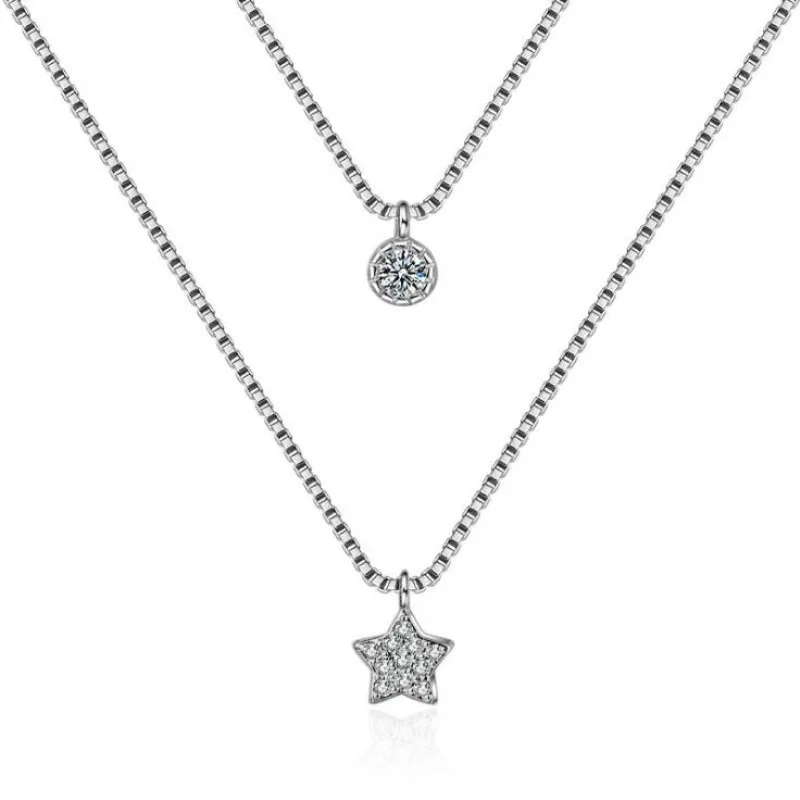 Handmade 925 Sterling Silver Creative Stars Round Cubic Zirconia Multilayer Pendant Necklaces For Women Girl JY069
