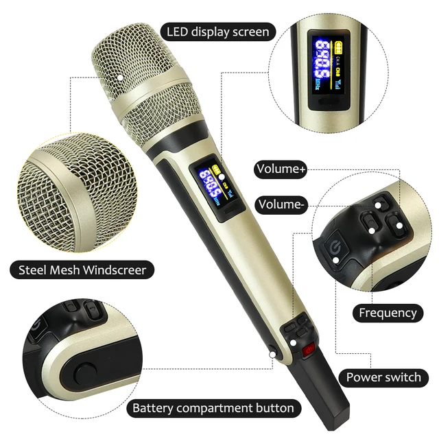 Wireless Microphone Uhf Metal Dynamic Handheld Karaoke Mic Rechargeable  Receiver (Work 6hs) 160ft Range for Karaoke Singing Stage Wedding Sp 