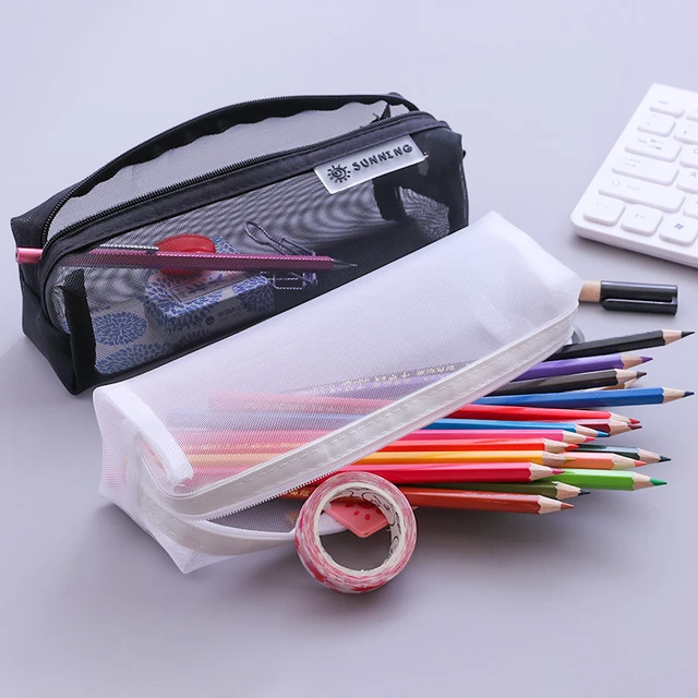 Large Capacity Transparent Mesh Pencil Pouch Portable Zipper Pencil Case  Stationery School Supplies - AliExpress