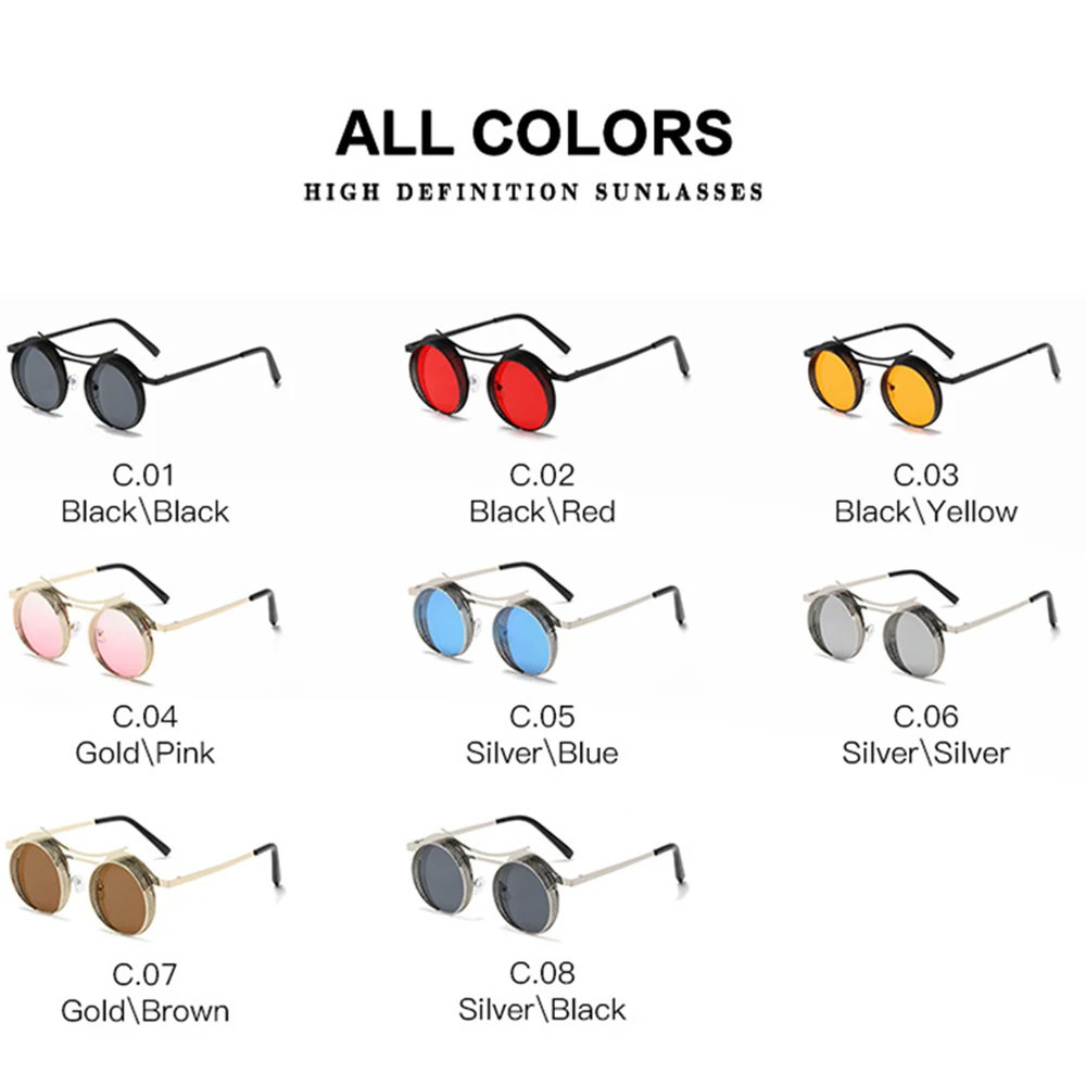 Black + Blue Flip up Circle Steampunk Glasses Goggles Retro Cyber Sunglasses UK