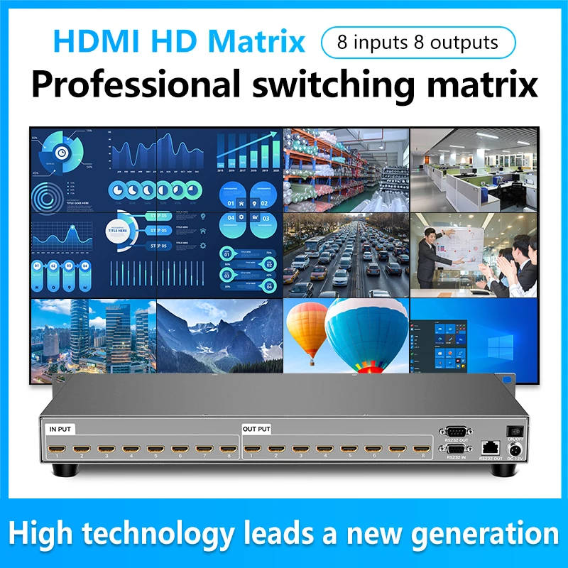 

Matrix Video Switcher 1080p 8In 8Out 8x8 Switch Splitter HDMI-compatible Video Wall EDID LED Panel Button Remote/Web Control