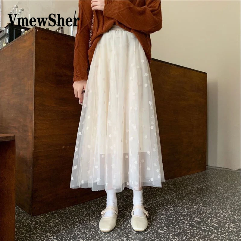 

VmewSher Cute Floral Mesh Mid-calf Length Long Skirt Women Spring Summer 2023 New Pleated Skirt High Waist A-line Net Yarn Skirt