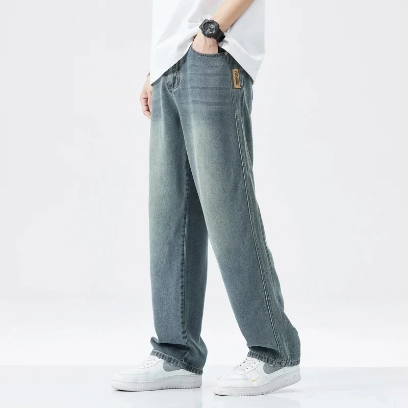 2024 New Soft Lyocell Stretch Jeans Men's Loose Wide Leg Pants Elastic Waist Casual Denim Trousers High Quality Streetwear 2