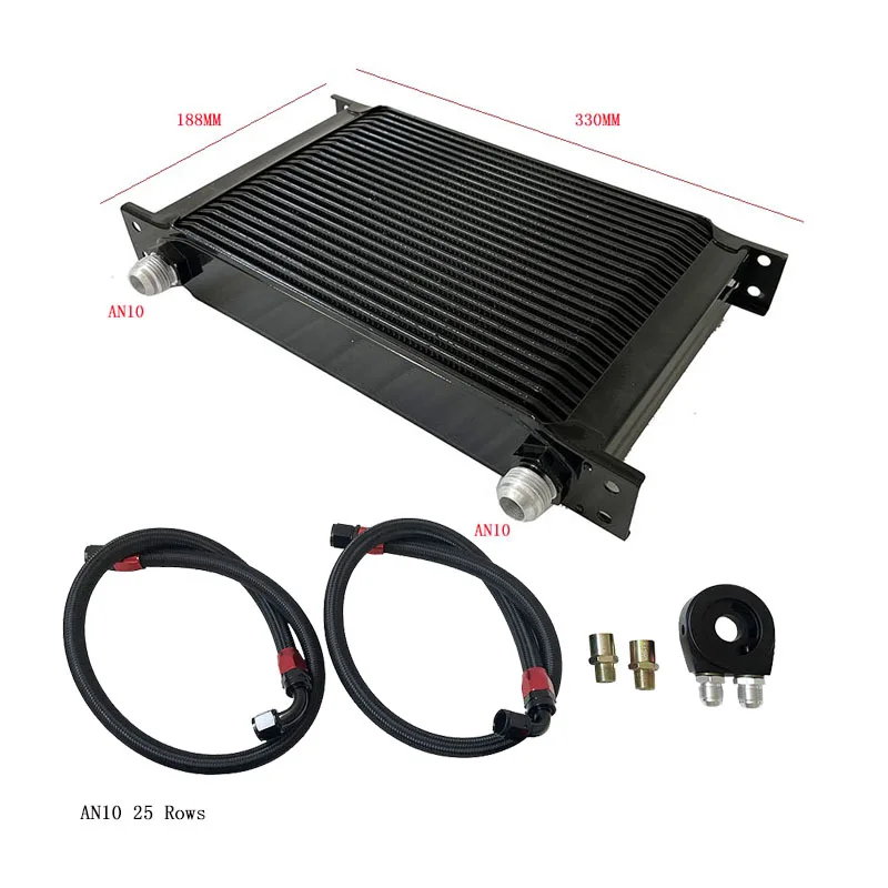 Universal Oil Cooler Kit 13-25 Rows Oil Filter Sandwich Adapter + Nylon Stainless Steel Braided An10 Hose