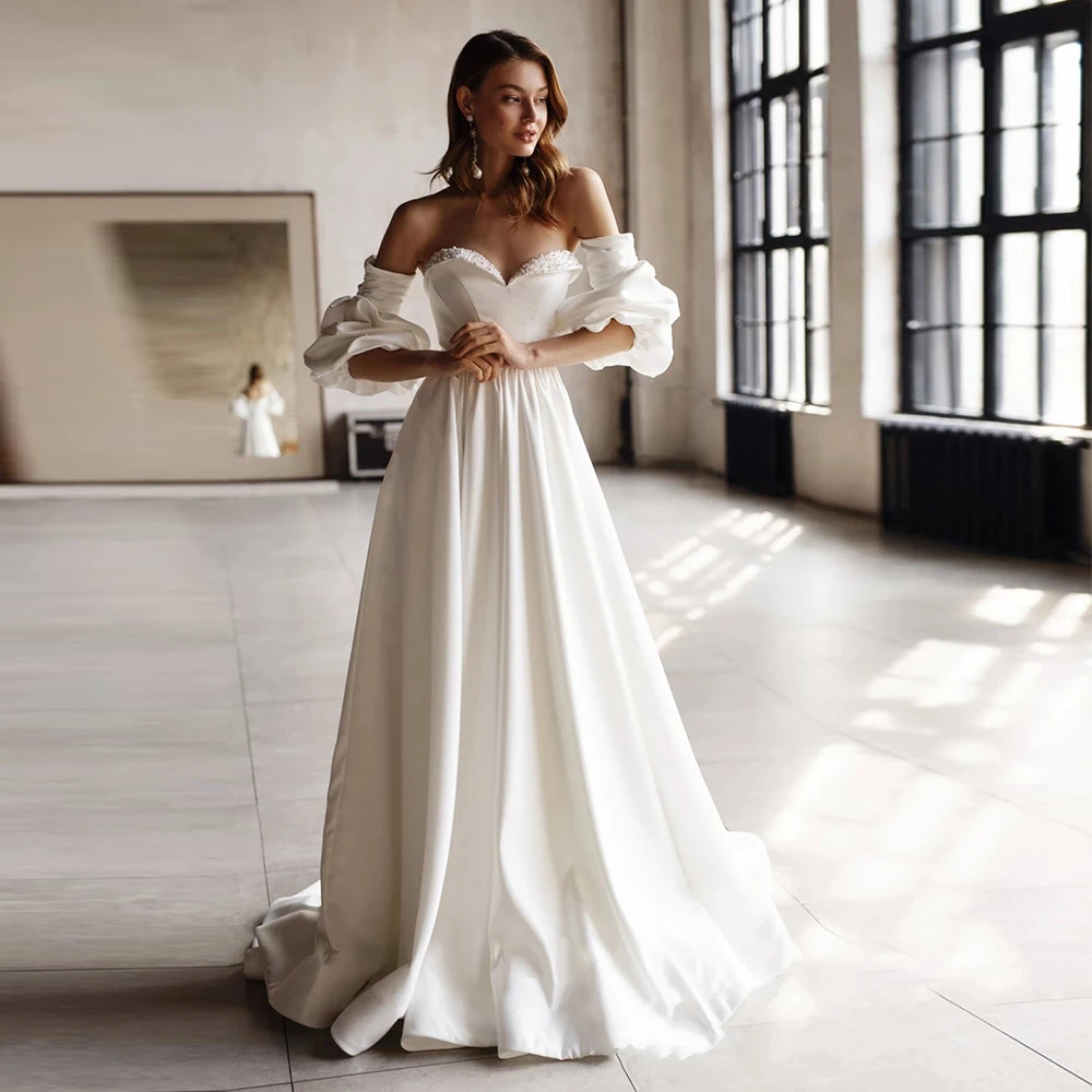 

Simple Satin Bridal Gowns A-Line Detachable Bubble Sleeve Princess Wedding Dresses Formal Beach Party Sexy Sweetheart Beaded De