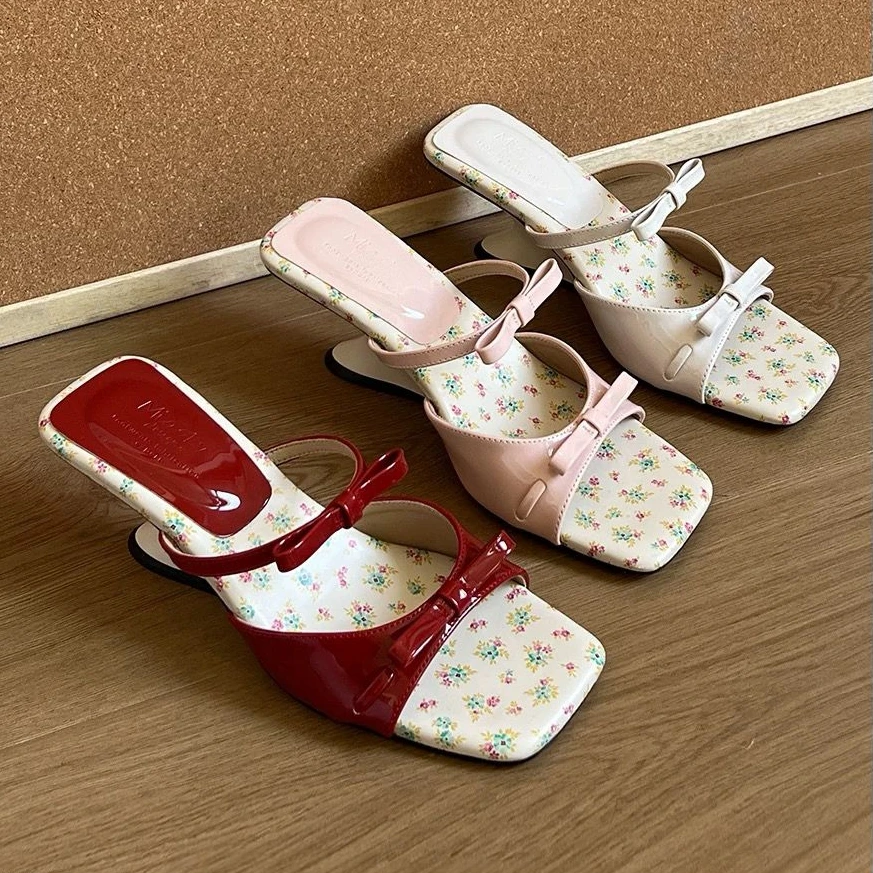 New Summer Mid Heels Slippers Square Head Open Toe Pumps Flower Pink Bow Wedge Sandals for Women Slip On Shoes Wear Sandalias
