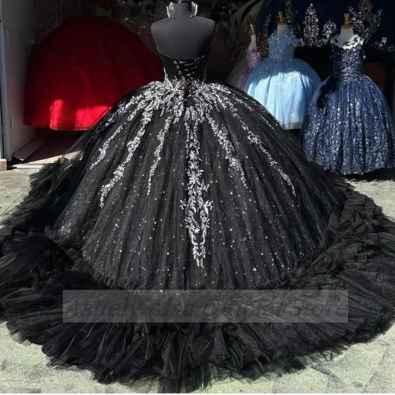 Mexico Black Sweetheart Quinceanera Dress Lace Appliques Corset Prom Dress 3D Flowers Ball Gown Sweet 16 Party Robe De Bal