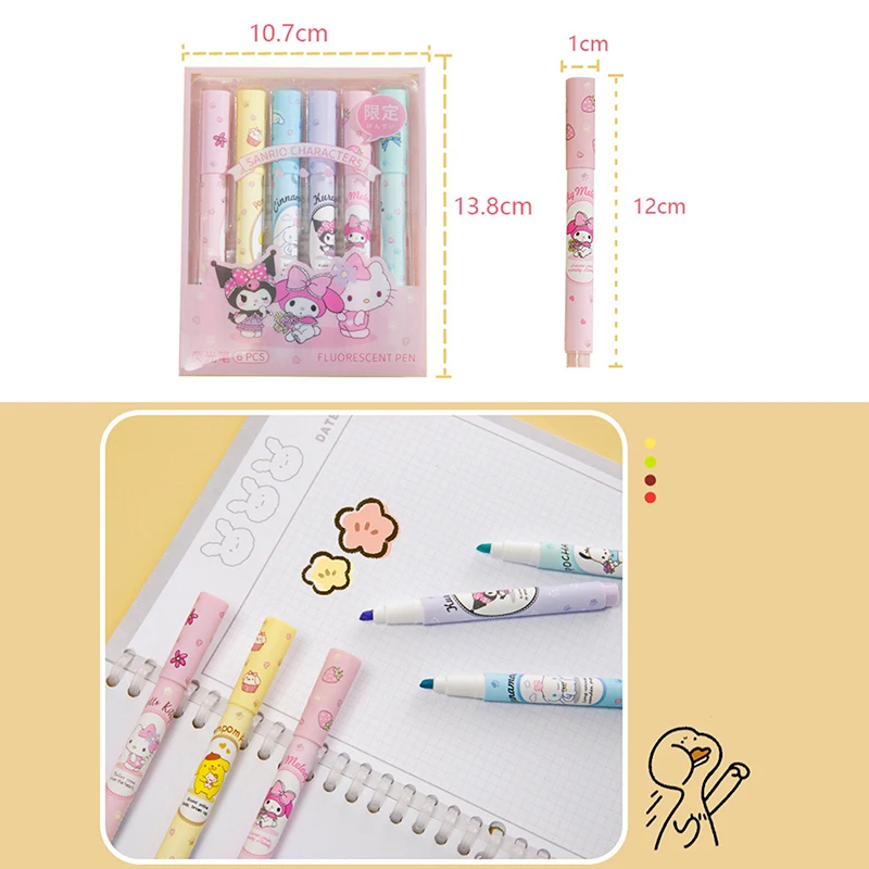 귀여운 산리오 하이라이터, 다기능 컬러 펜, Kulomi 소녀 하트 하이라이터, 6 박스
