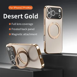Magnetic Rotating Foldable Stand Phone Case with Lens Protection and Solid Color Cover - iPhone 15 (Desert Gold)