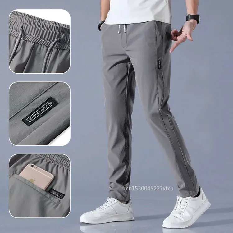 Men Fast Dry Stretch Pants Ice Silk Trousers Solid Color Mid-Waist Loose Breathable Straight-Leg Casual Pants Thin Sports sport jogging trousers fashion pants