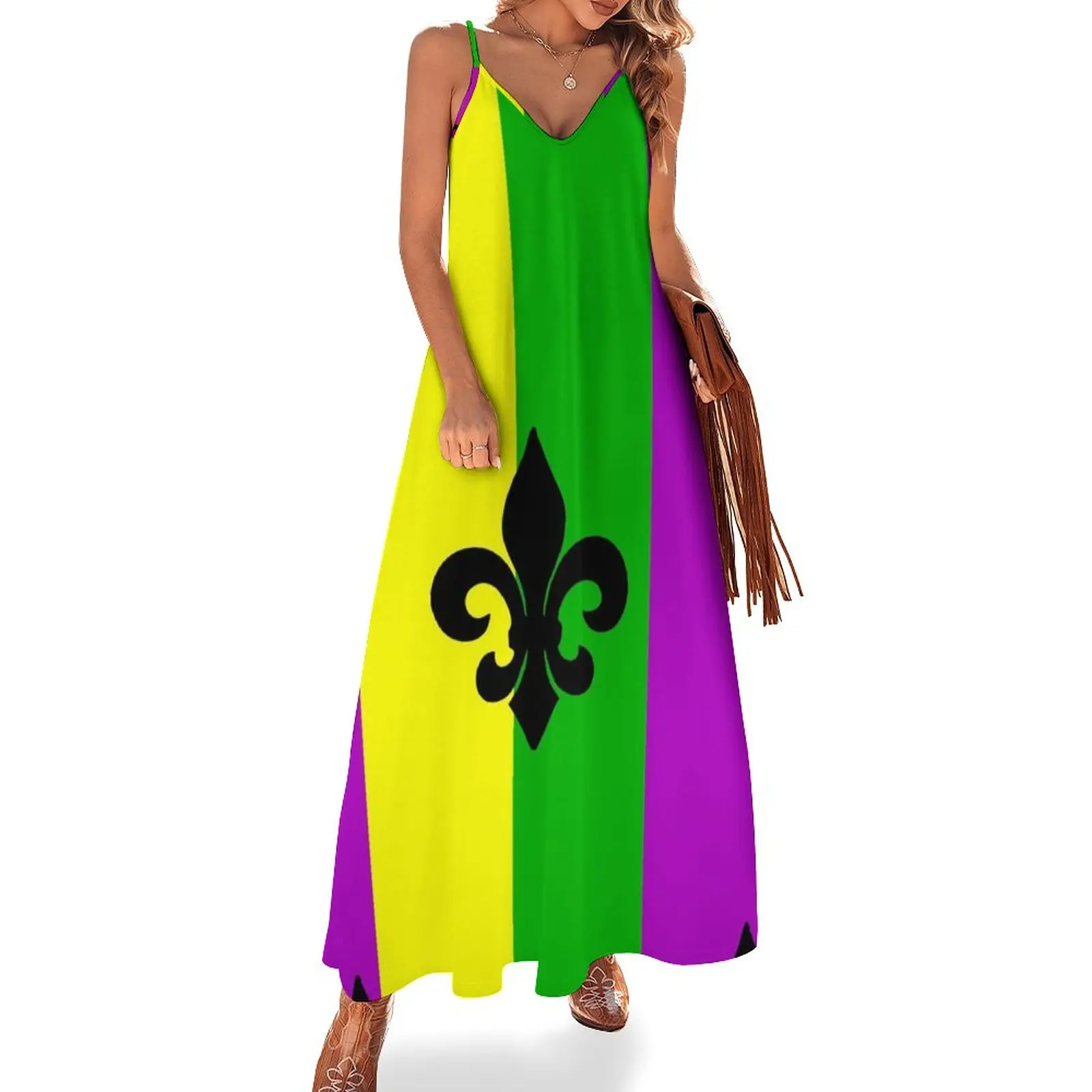 

New Fleur de Lis with Mardi Gras colors Sleeveless Dress Summer dresses for women Women's summer suit Dresses