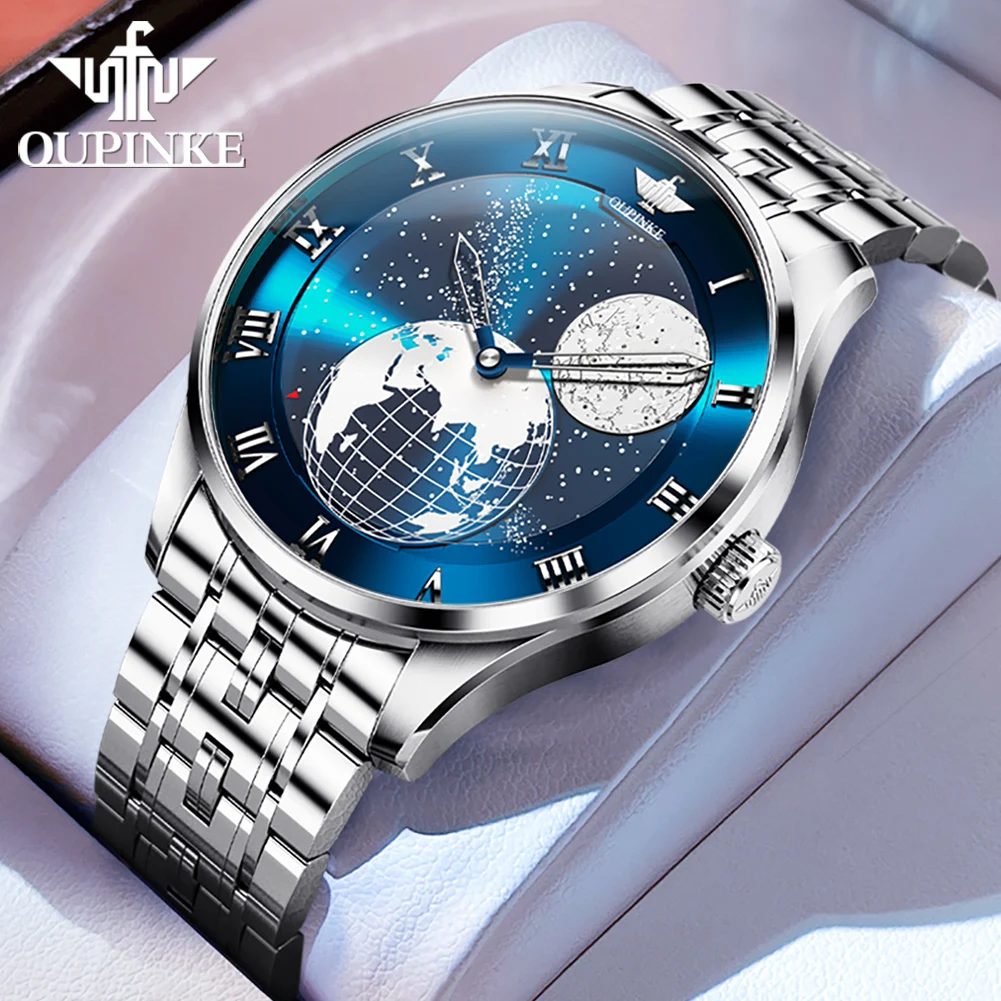OUPINKE 3230 Men's Watches Starry Sky Earth Dial Waterproof Automatic Mechanical Watch Double Needle Design Imported Movement
