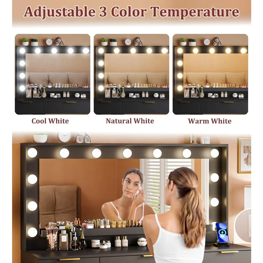 Vanity Desk with Large Mirror and Lights, 45.3in Makeup Vanity with Power Outlet 9 Drawers & Storage, 3 Lighting Color Adjustabl