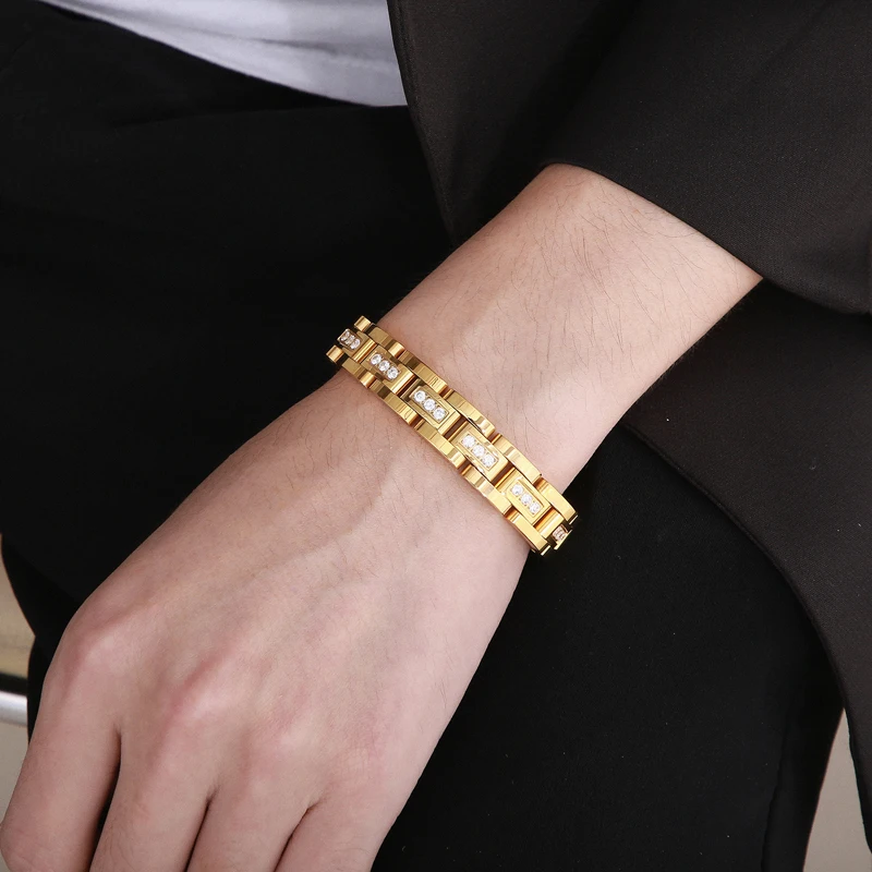 Fongten Watchband Chain Women Men Bracelets Rhinestone Stainless Steel Wrist Charm Bangle Bracelet For Men Gold Color Jewelry