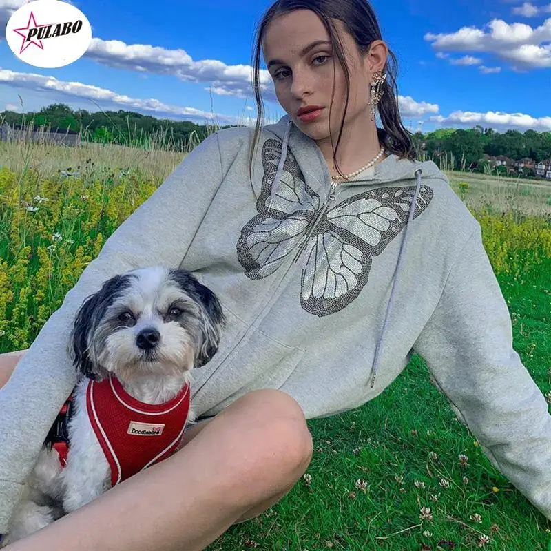 

Y2K Fashion Oversized Butterfly Graphic Rhinestone Zip Up Hoodies E-girl 90s Streetwear Diamond Grey Long Jacket Autumn