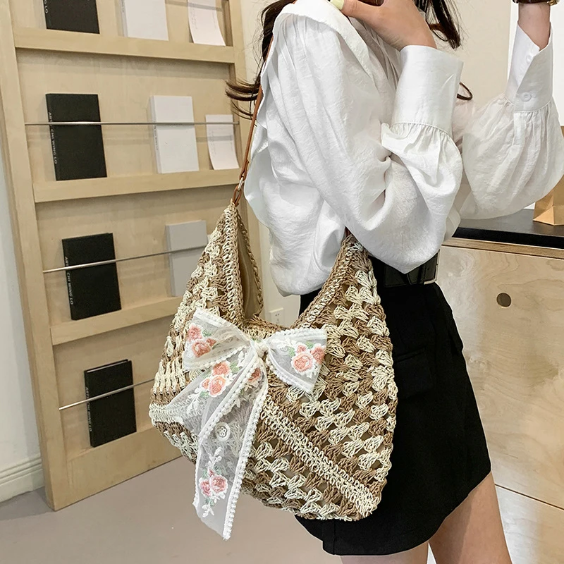 Fashion Straw Women Shoulder Bags Paper Woven Female Handbags Large Capacity Summer Beach Straw Bags Casual Tote Purses