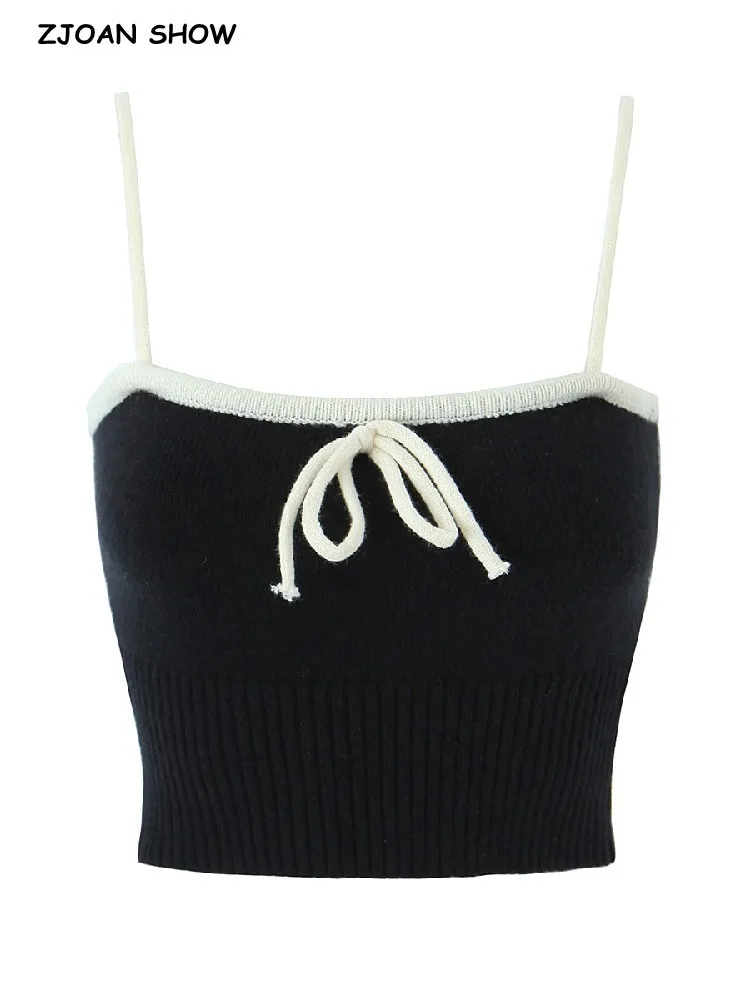 2023SummerRetroFrenchStyleBowSlashCollarKnittedCamisole