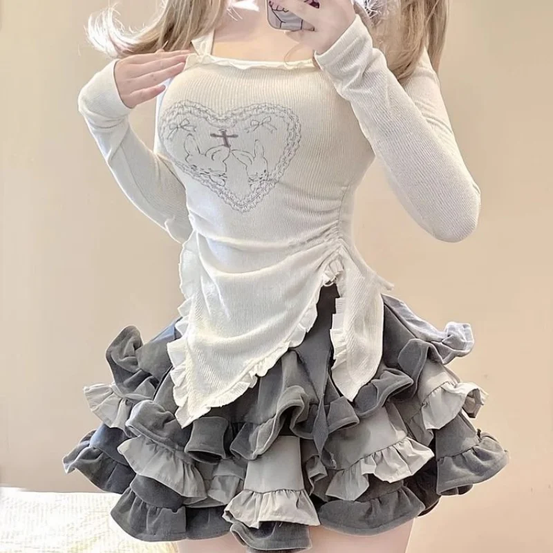 Large Size Spicy Girl Style Y2K Spring/summer Outfit Set with Beige Top and Ultra Heavy Industrial Cake Skirt Two-piece Set
