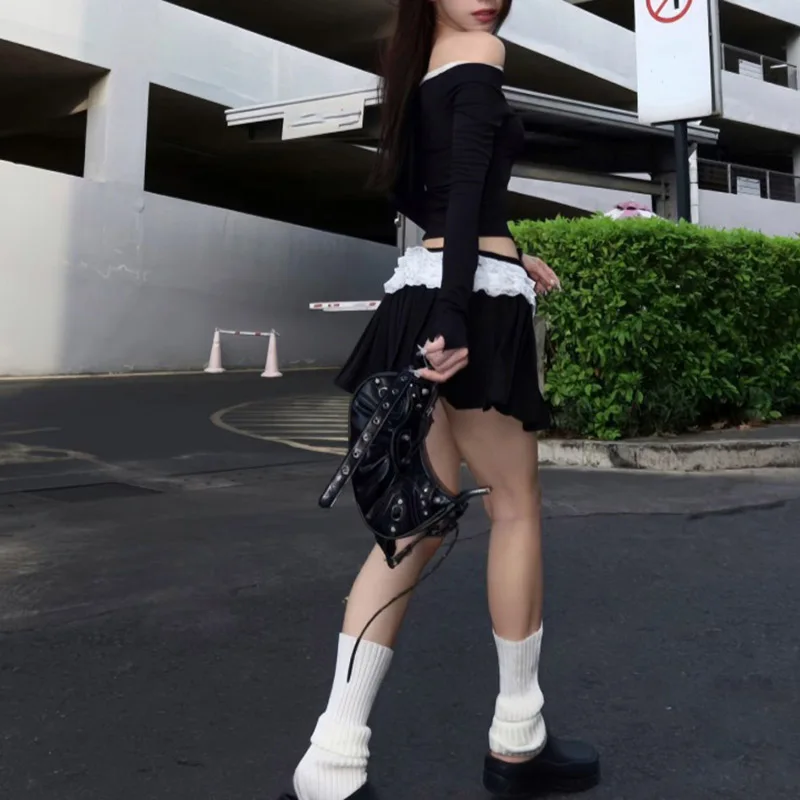 y2k Skirt Women Fairycore Clothes Lace Patchwork Low Waist Pleated Mini Skirts 2000s Evening Party Skirts Streetwear