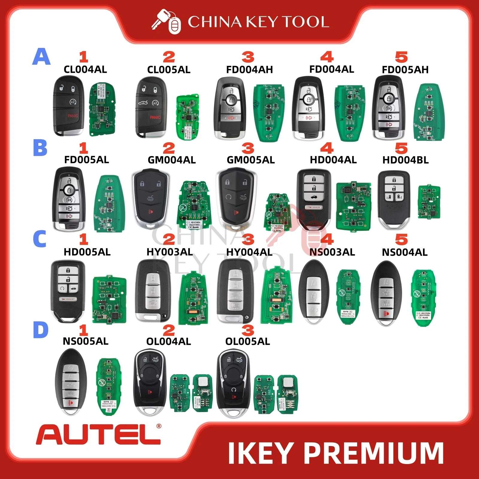 AUTEL SMART KEY IKEYCL004 CL005AL FD004AH/L FD005AH/L GM004/5AL HD004AL HD004BL HD005AL HY003/4AL NS003/5AL NS004AL OL004/5AL