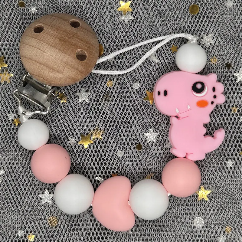 Baby Silicone Pacifier Clip Round Beech Dinosaur Beads Dummy Holder Clip for Teether Nursing Chew Toy Soothing Nipple Chain Gift