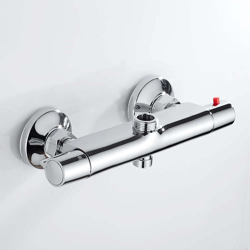 Bath Shower Faucet Thermostatic Wall Mounted Mixer Valve Tap Temperature Control Rain Shower Chrome Twin Outlet