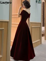 Lautaro Spring Long Luxury Elegant Wine Red Soft Velvet Evening Party Wedding Dresses for Women 2022 Off Shoulder Maxi Dress - Image 2